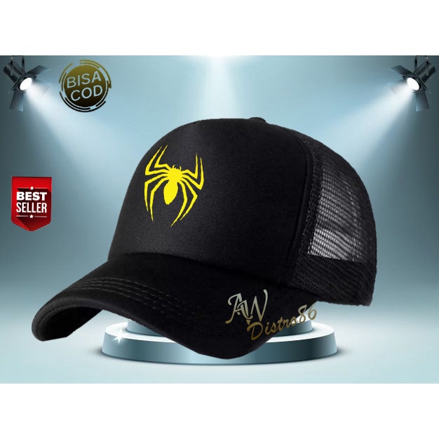 PROMO Topi Distro Spiderman Text Kuning Premuim Quality Topi Trucker Keren Murah Banyak Di Cari Cowok &amp; Cewek