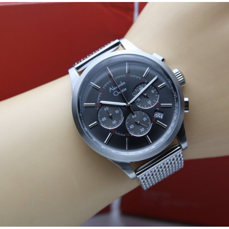 ORIGINAL GARANSI RESMI JAM TANGAN PRIA ALEXANDRE CHRISTIE SILVER BLACK RANTAI PASIR STAINLESS STEEL 