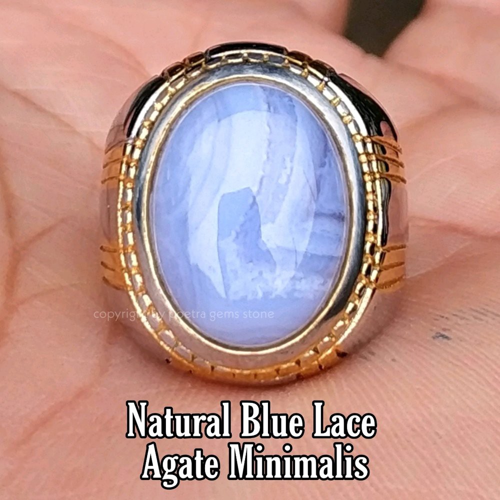 CINCIN BATU AKIK NATURAL BLUE LACE AGATE TITANIUM MINIMALIS