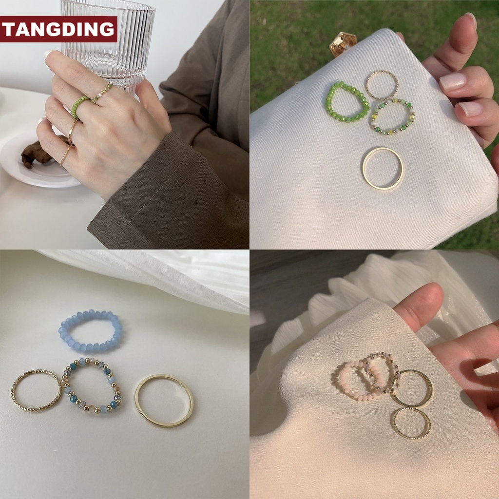 【COD Tangding】4pcs / set Cincin Manik-Manik Warna Biru Hijau Untuk Wanita