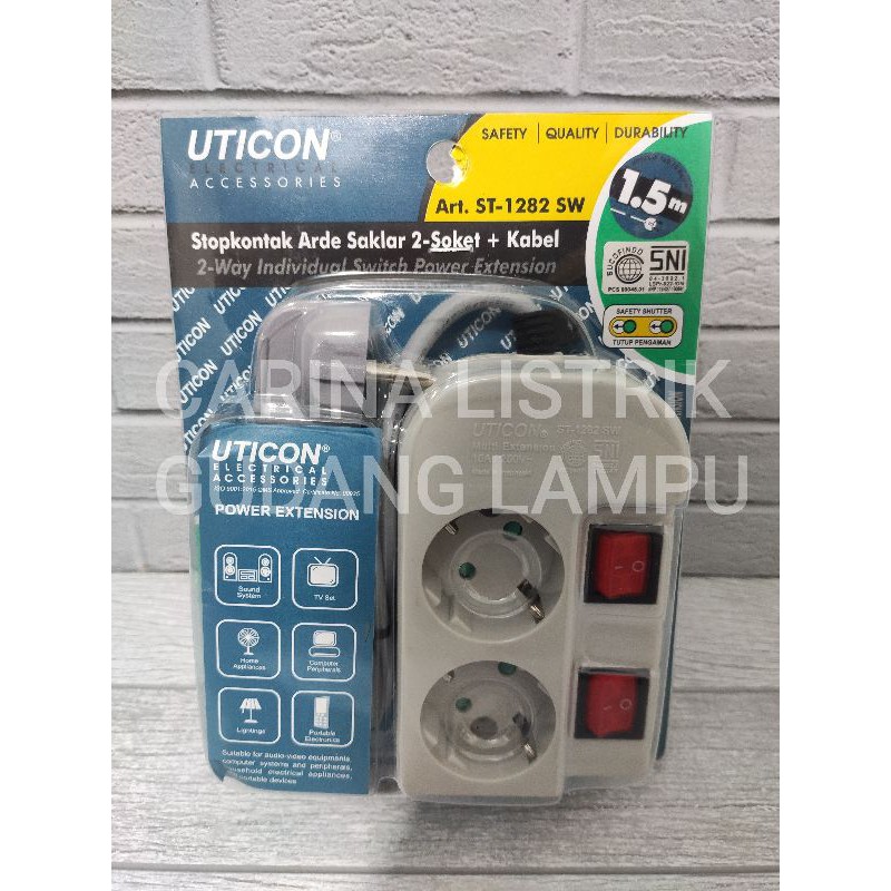 UTICON ST-1282 SW Stop kontak arde saklar 2-soket kabel 2 LUBANG ST-1282-SW ST-1282SW stopkontak