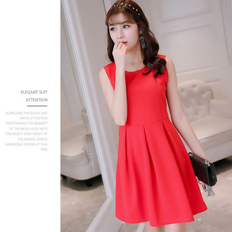 Dress Tanpa Lengan Model Slim Elegan, Warna Polos, Gaya Korea