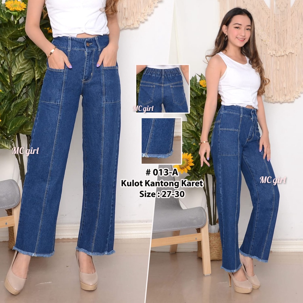 MC girl - Celana Jeans Premium Kulot Panjang Pinggang Karet Rawis Wanita / Kulot Jeans Kantong Depan / Celana Lepis Tulang Rumbai / Celana Denim Garis Kulot Boyfriend