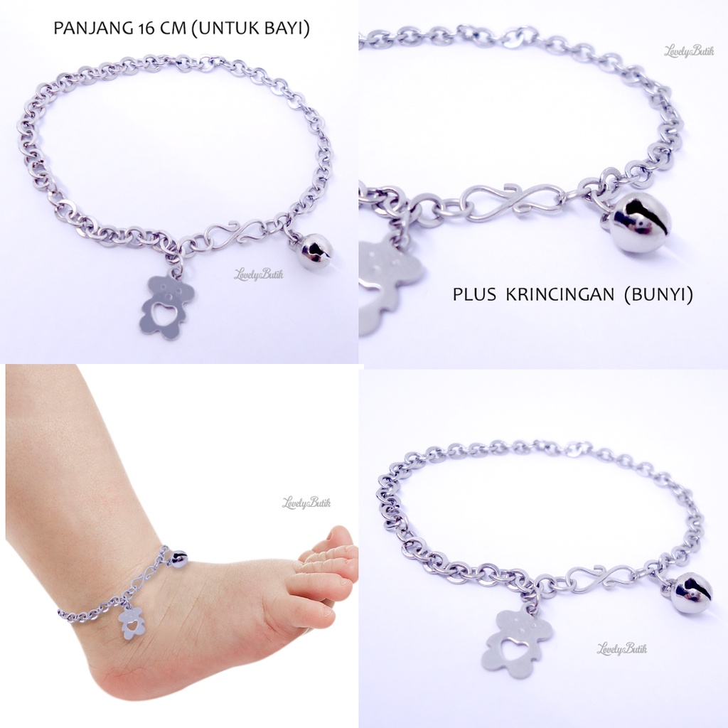 Lovelybutik Gelang Tangan Gelang Kaki Bayi Monel Kerincing Baby 0-2 Tahun Bear Kecil Krincingan Baja Putih Stainless Steel