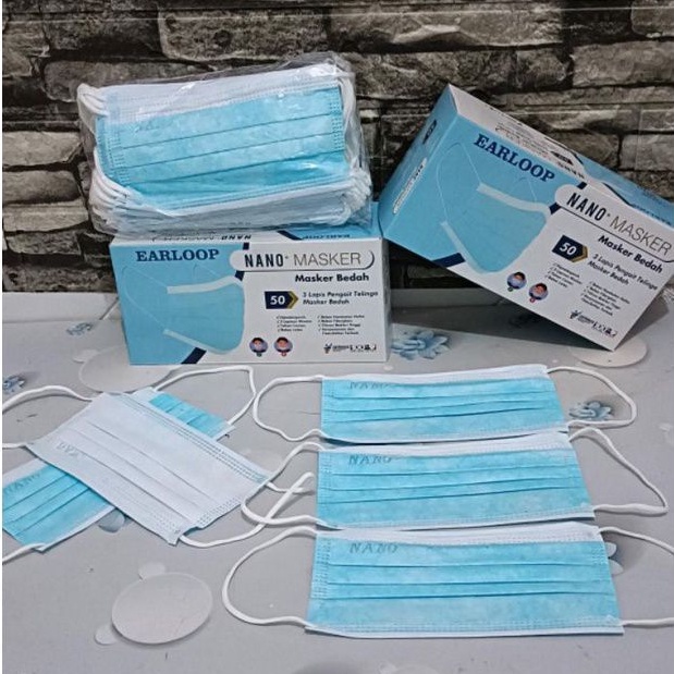 Masker Medis Nano isi 50 pcs 3 ply Earloop dan masker hijab Warna Biru Standard Kemenkes