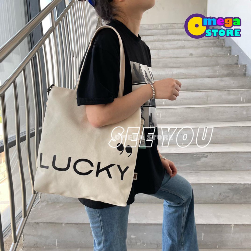 Tas Tote Bag Wanita Pria Resleting Terbaru Kekinian Motif LUCKY Fashion Korea Style Multifungsi  -263