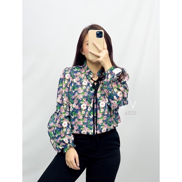 MDLV ~ 6323# Blossom Tie Neck Top Atasan Blouse Flower Baju Korea Fashion import