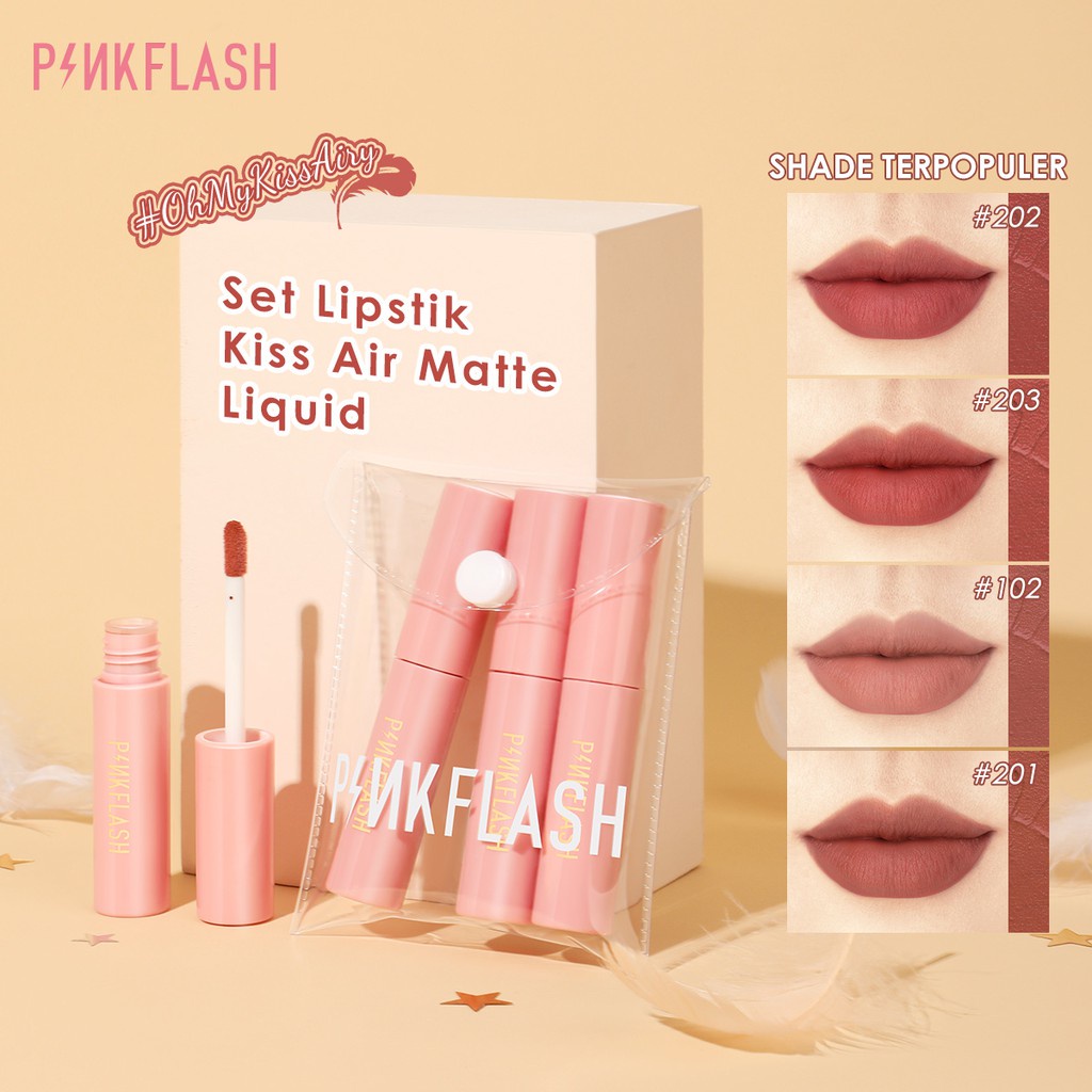 PINKFLASH OhMyKissAiry 4Pcs Lipstick Set Liquid Lipstick Matte Lip Tint With 1 Waterproof PVC Lipstick Bag