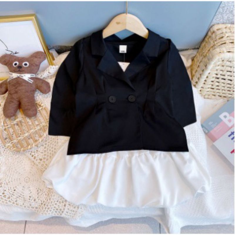 DRESS ANAK MODEL KEMEJA HITAM, ROK PUTIH