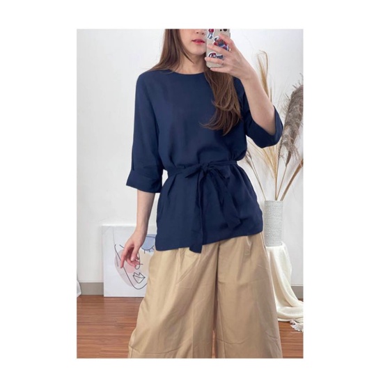 kenzi Navy Basic Cotton Linen Loose Blouse