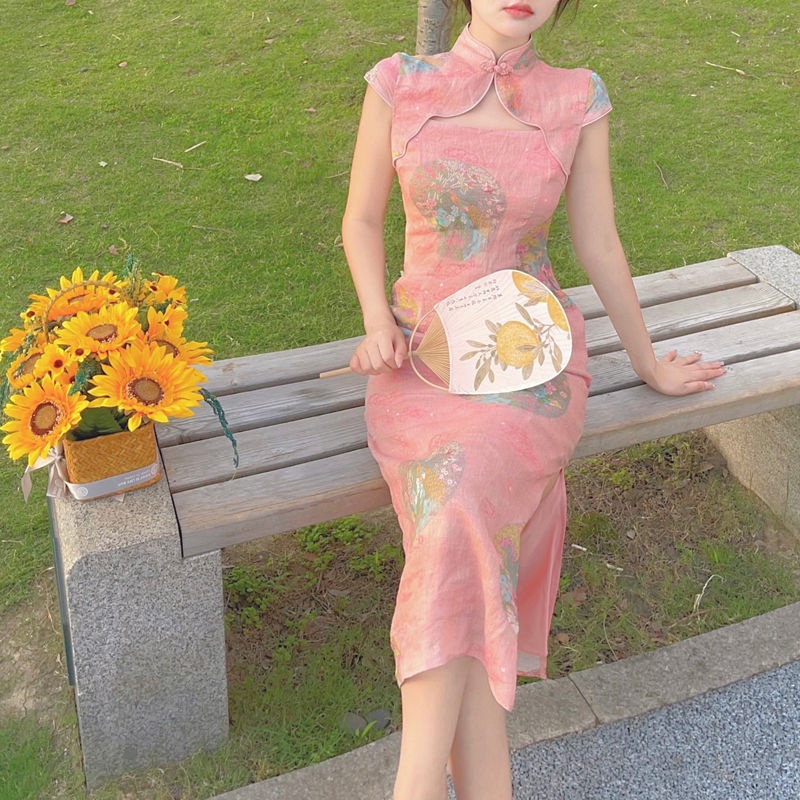 Chinese style improved cheongsam skirt ramie stand collar retro elegant temperament printing elegant