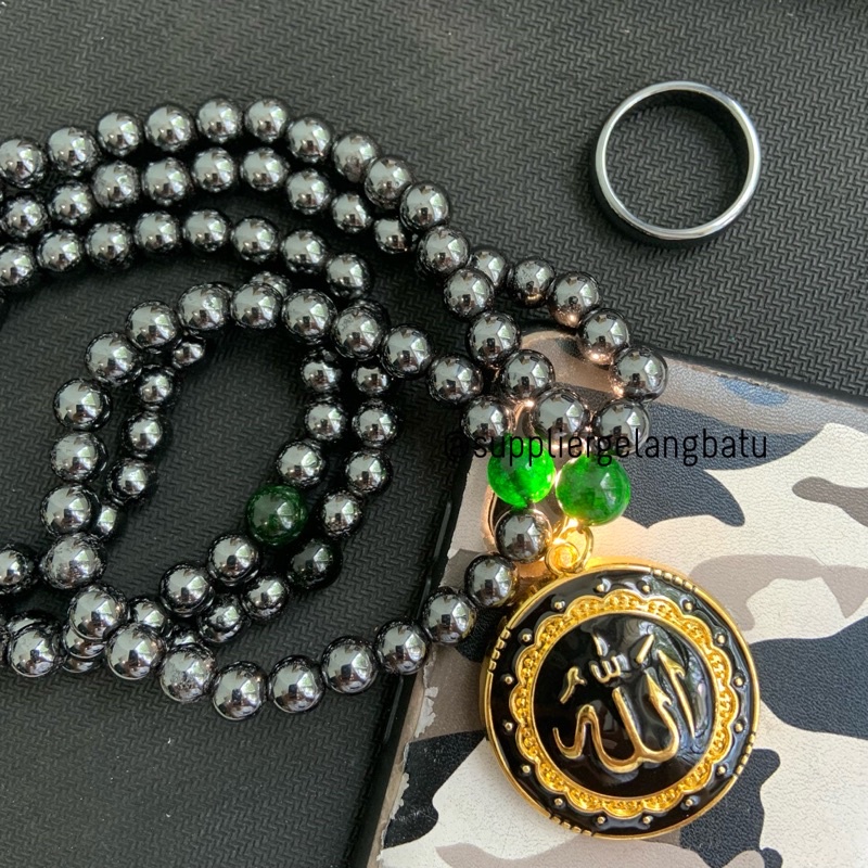 PAKET CINCIN KALUNG GELANG GANNAMYONG PREMIUM ALLAH Tasbih 99butir blustin black jade aceh hematite tormalin