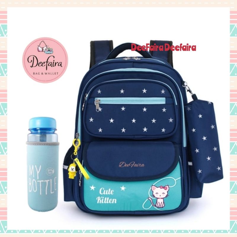 Tas Sekolah Anak Perempuan Tas Ransel Wanita Backpack Cute Kitten Free My Bottle dan Gantungan