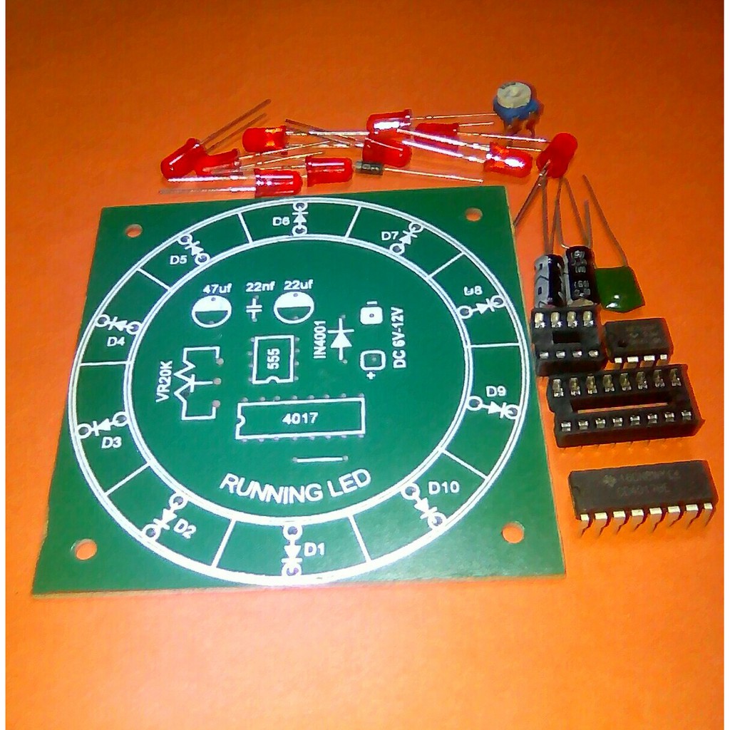 KIT running led berputar NE555 CD4017 10 led