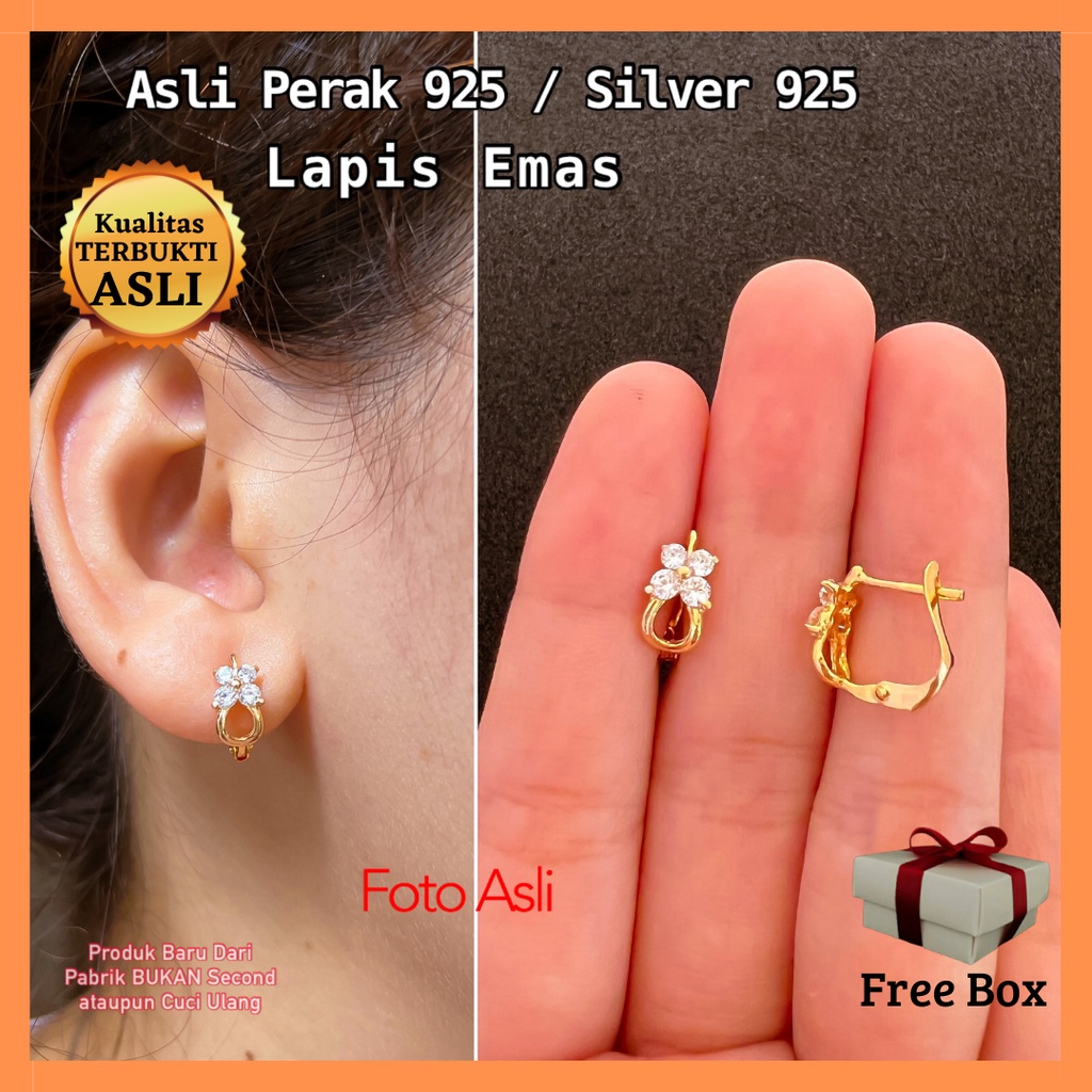 Anting Catok Jepit Perak Asli Sterling Silver 925 Lapis Emas Putih Murni Original Ada Surat Keaslian