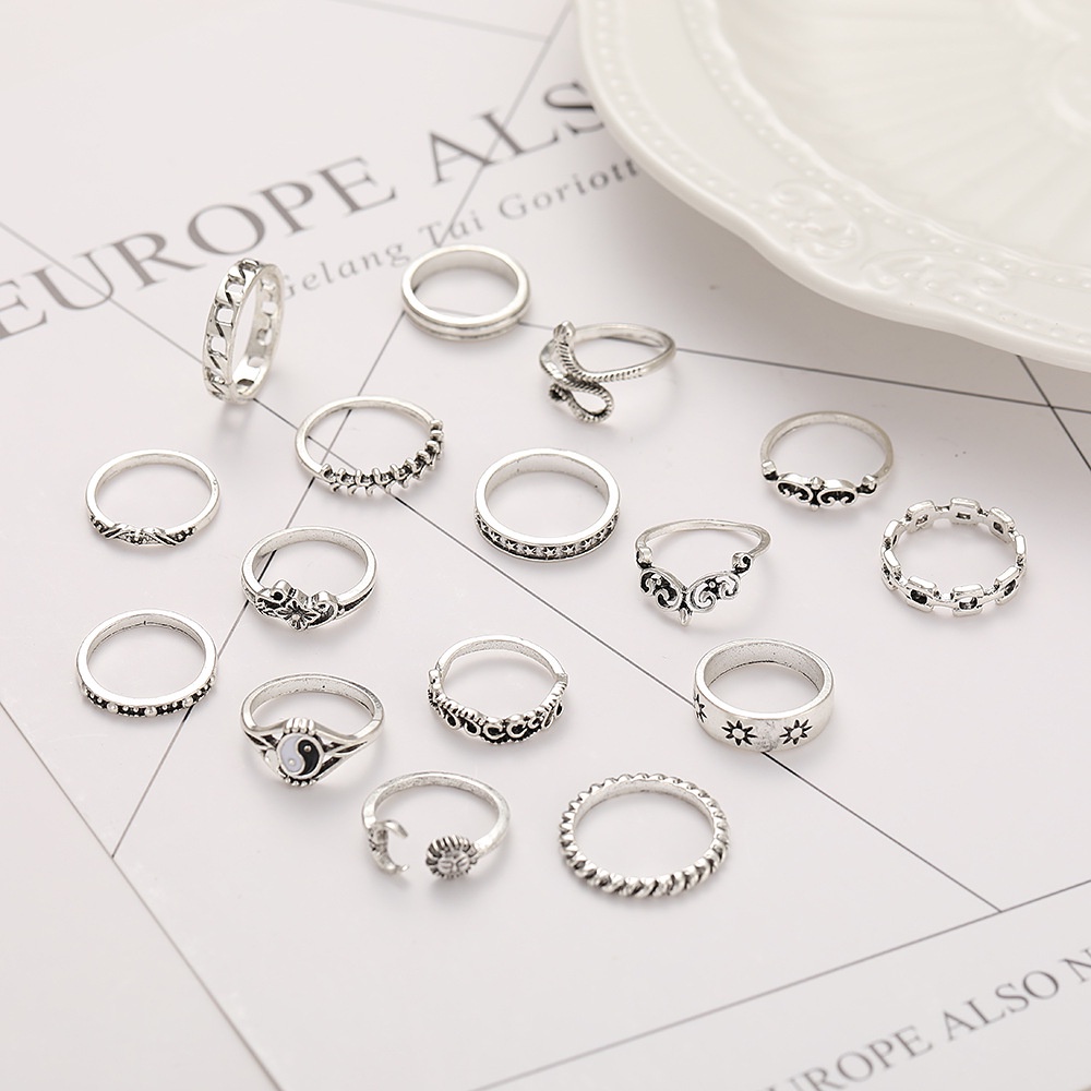 15 pcs Cincin Tren Kepribadian Hollow Joint Ring Sun Snake Chain Ring Set