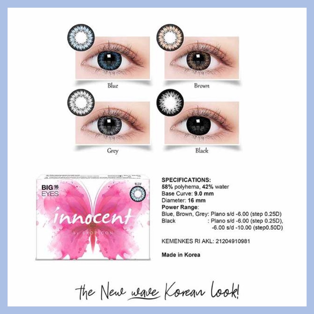 SOFTLENS X2 INNOCENT NORMAL &amp; MINUS -0.50 sd -3.00 FREE LENSCASE DIA 16MM BIG EYES BY EXOTICON / Softlen Soflen Soflens