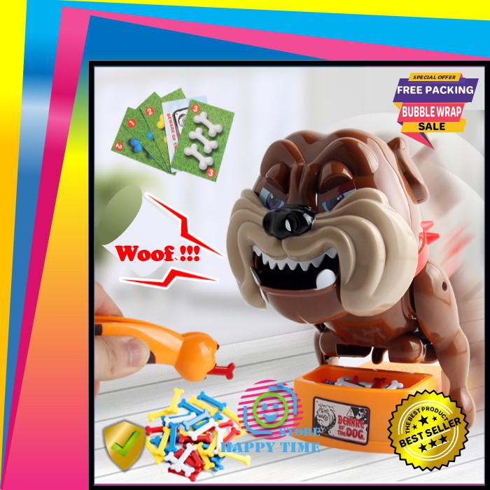 Mainan anak careful beware bad dog anjing gigit tulang + kartu mainan keluarga family poodle buldog