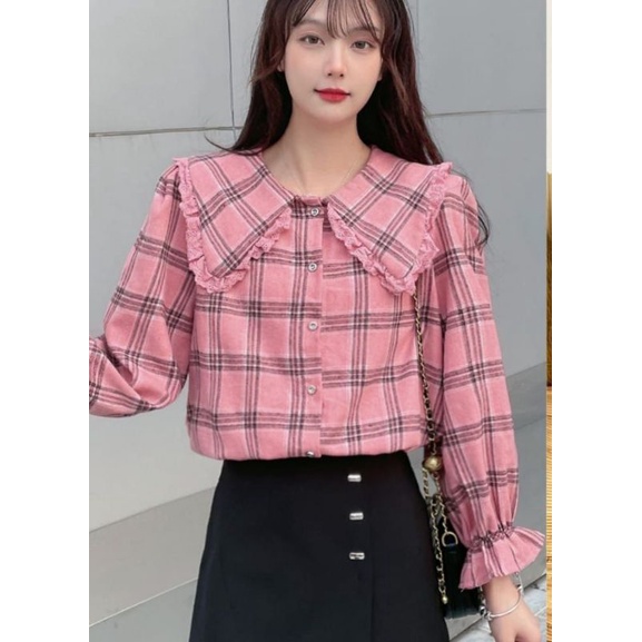 KEMEJA CLOY FLANEL KERAH RENDA FASHION IMPORT