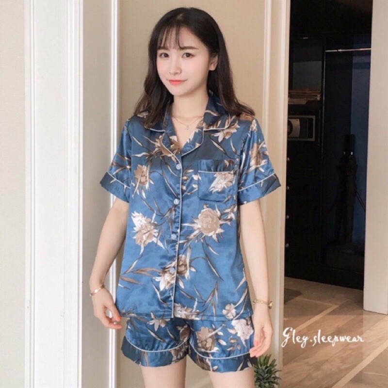 Piyama satin import / baju tidur wanita / piyama ice silk sutera-Flowers gold