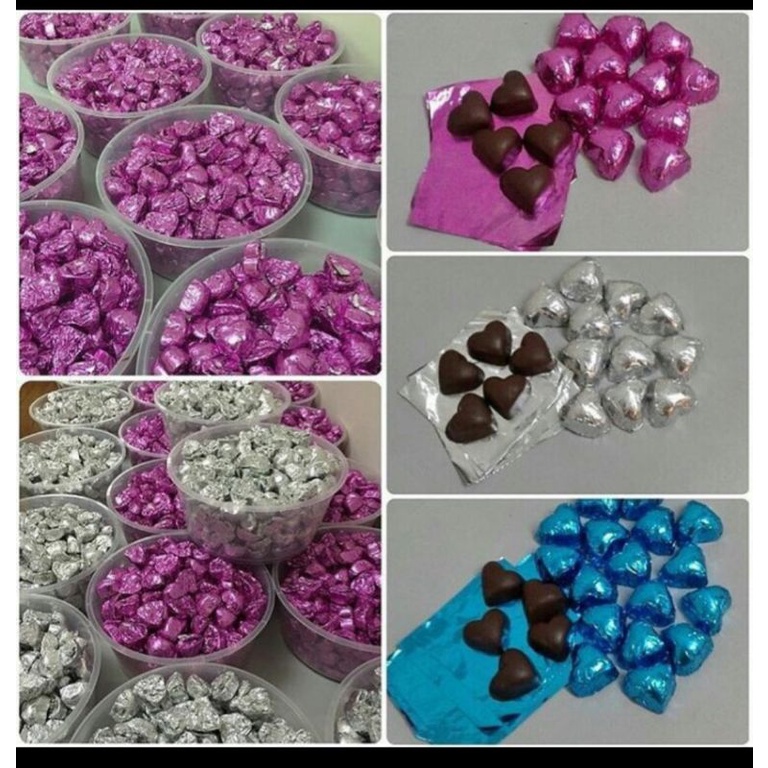 

COKELAT PRALINE MOTIF LOVE BUNGKUS FOIL WARNA (HARGA SATUAN)