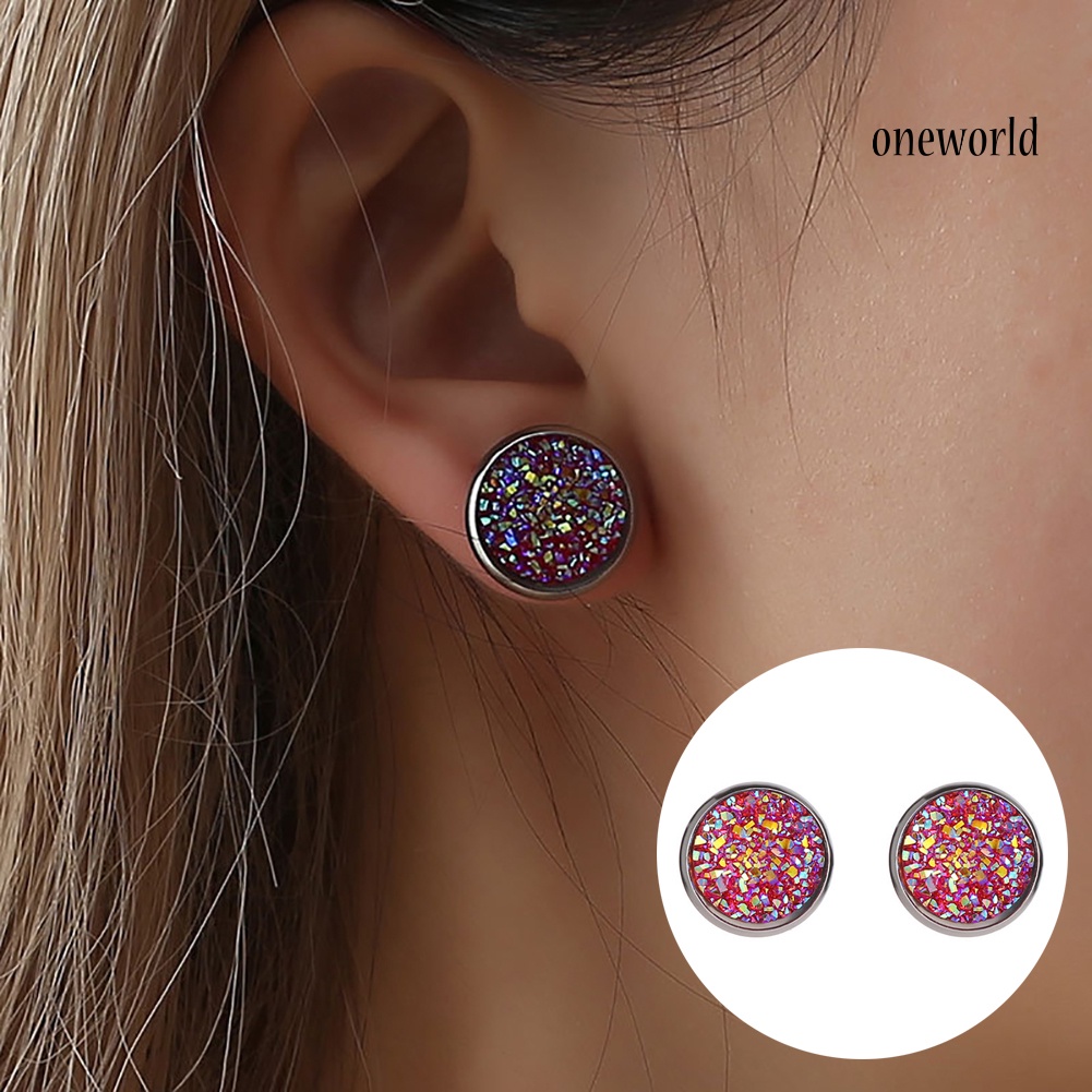 OW@ Women Round Starry Sky Ear Studs Stainless Steel Earrings Piercing Jewelry Gift