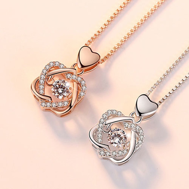 [Ready Stock]Fashion 925 Silver Plated Rose Gold Heart Necklace Female Pendant