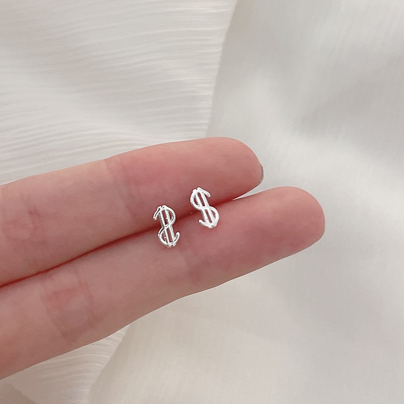 1 Pasang Anting Stud Desain Tanda Dollar Bahan S925 Silver Anti Alergi Untuk Wanita