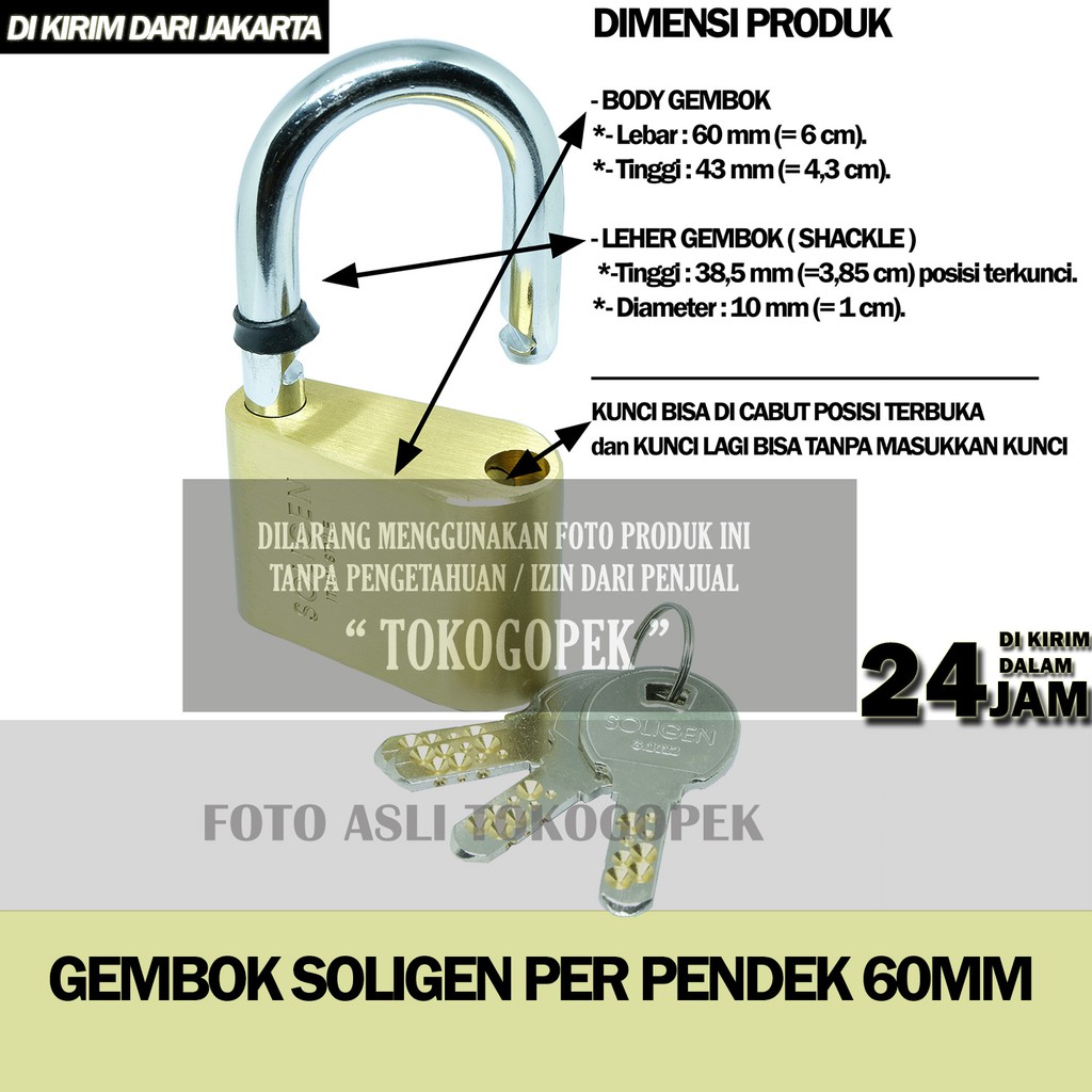 GEMBOK SOLIGEN PER PENDEK 60mm KUNINGAN + 4 COMPUTER KEY