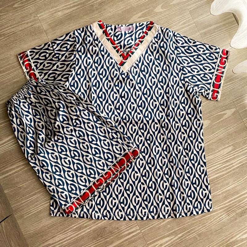 BAJU TIDUR PIYAMA WANITA DEWASA SETELAN CELANA PENDEK SATIN IMPORT MOTIF CANTIK TERBARU GUCCI