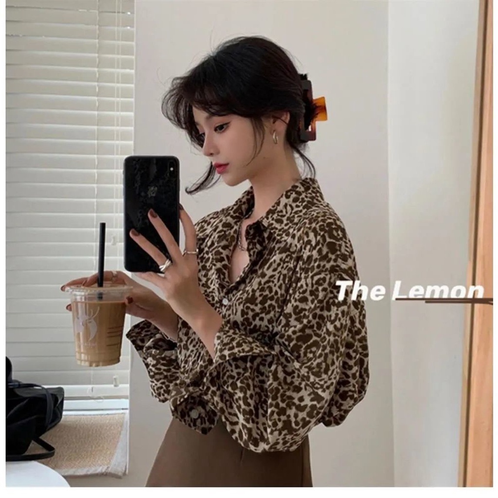 Shifon blus wanita leopard print kemeja wanita retro Hong Kong gaya pencetakan lengan panjang