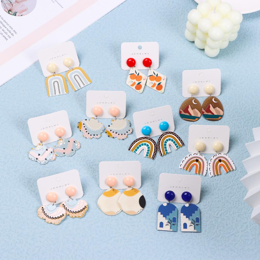 Preva Anting Menjuntai Bunga Menjuntai Hadiah Motif Geometris Bentuk Tidak Teratur Kartun Pelangi