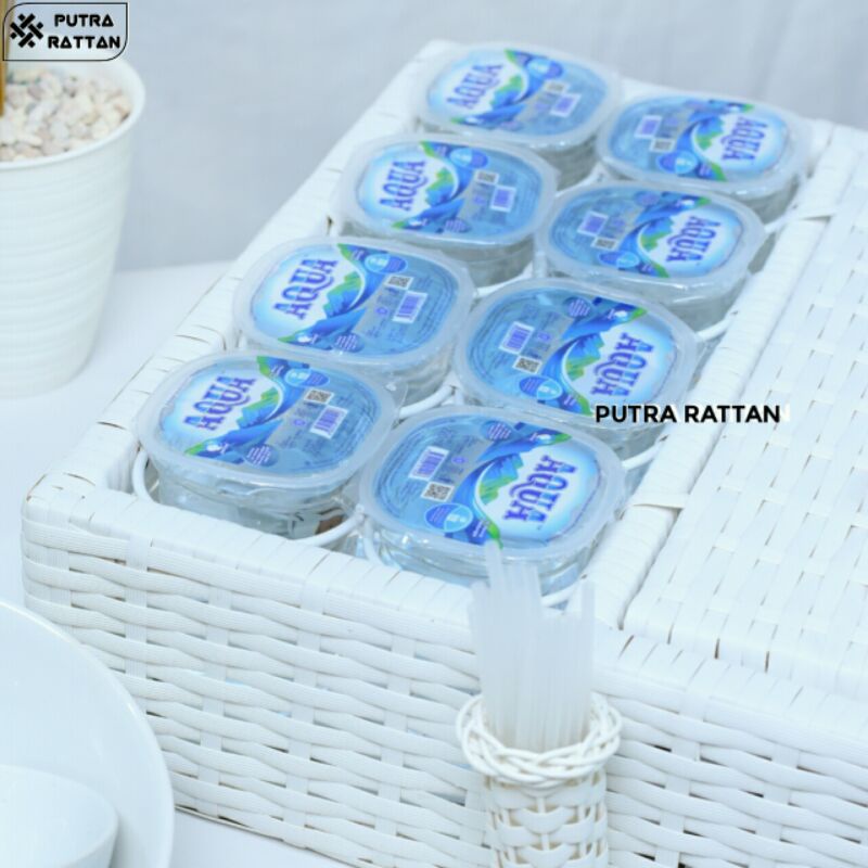 KERANJANG TEMPAT AQUA GELAS SET TISU BENTUK KOTAK BAHAN ROTAN SINTETIS