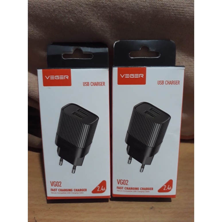 KEPALA CHARGER VEGER VG02 2 PORTS USB OUTPUT 2,4 A HITAM
