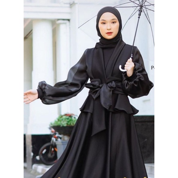 FULLSET GEISHA 70750 Dress + Outer + Obi Titanium Scuba dress muslim prewedding wisuda bridesmaid-Hitam Fullblack
