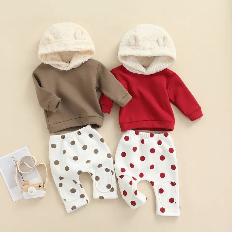 setelan celana panjang dan jaket kupluk untuk anak bayi kembar perempuan dan laki laki motif polkado