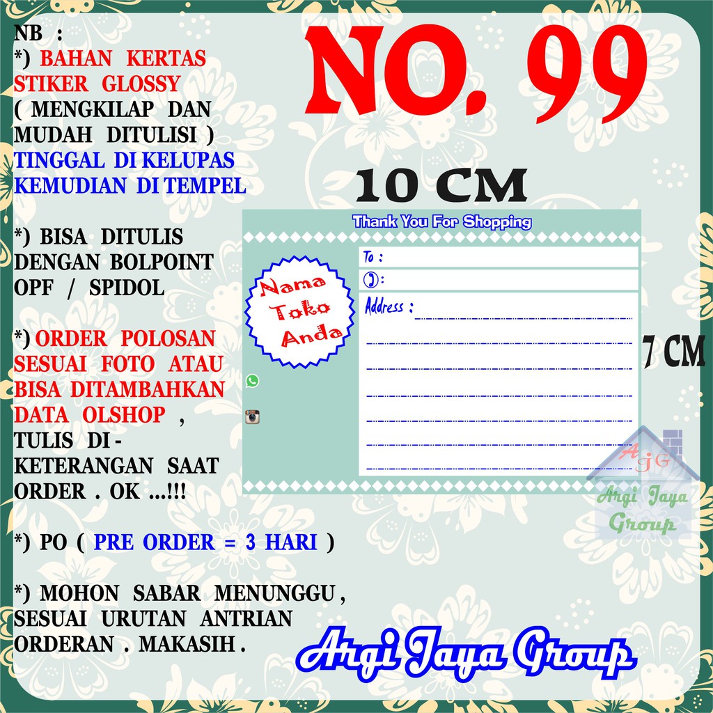 

Stiker Pengiriman - Sticker Alamat Olshop Murah Nomer 99 - 10x7 cm - Glossy