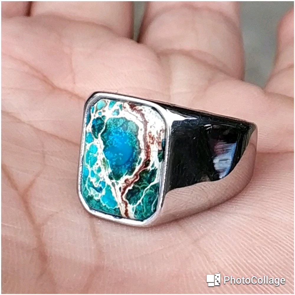 CINCIN BATU AKIK NATURAL PIRUS BIRU MINIMALIS OCTAGON TITANIUM SILVER