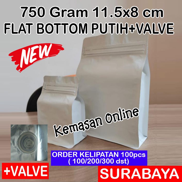 

(11.5x18cm) KPACK Kemasan Kopi 200-250gr Flat Bottom Super putih Alumunium Foil 750+Zipper+Valve