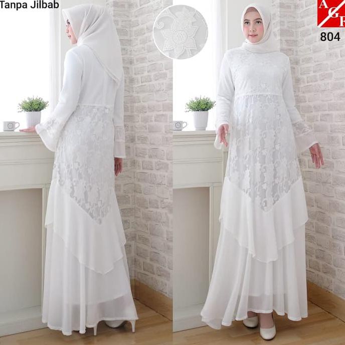 Baju Gamis Wanita Putih / Muslim Terbaru / Gamis Lebaran #804 Std - Putih, Xl