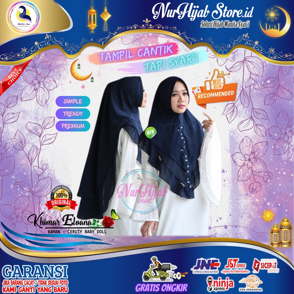 Hijab Jilbab Kerudung Khimar Elvana Wanita Cantik Syari Ceruty Motif 2 Layer Jumbo Murah Terbaru