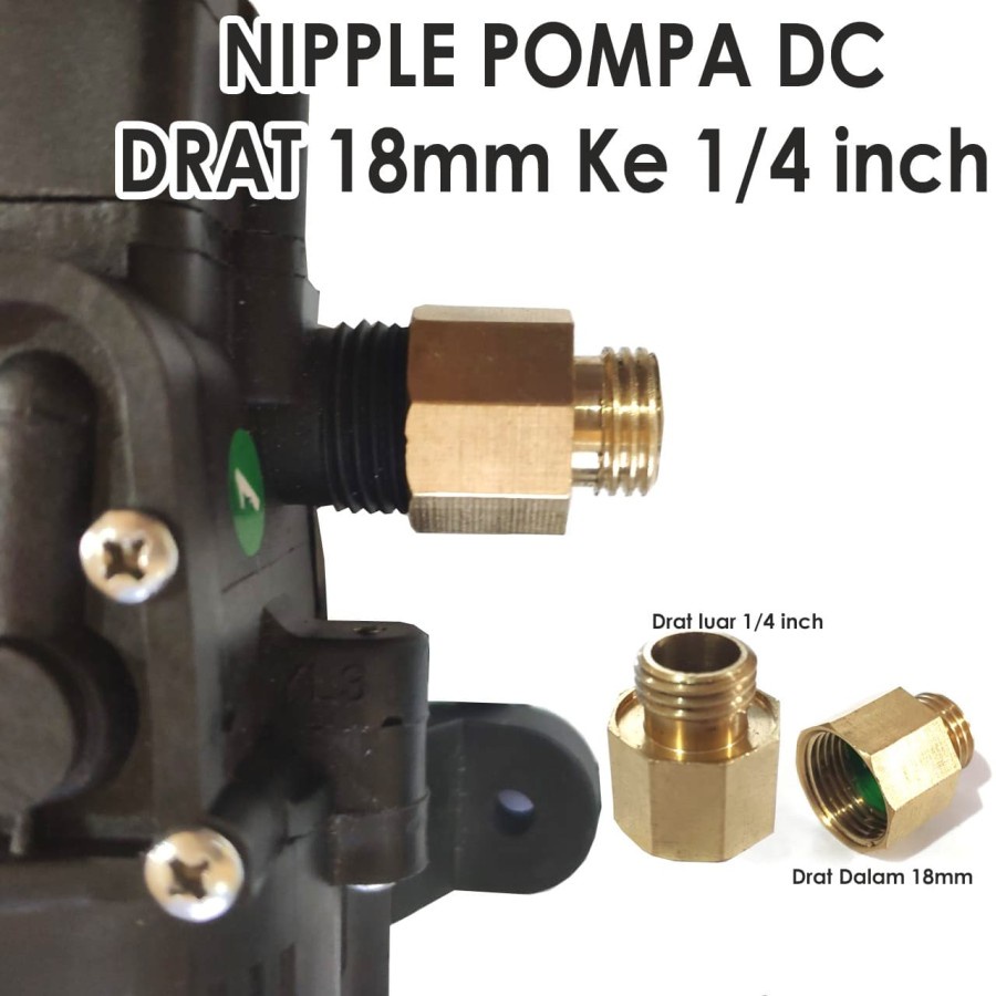 nepel output pompa dc 12v drat 18mm ke drat luar 1/4 - recucer 18mm ke 1/4 inch drat luar