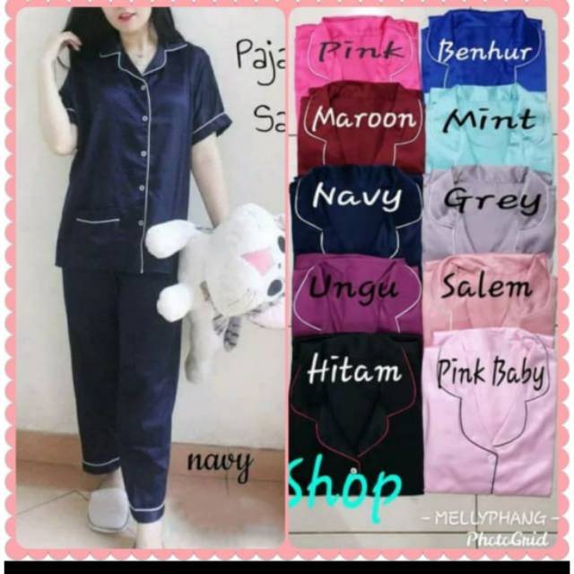 Baju tidur wanita / cewe piyama pajamas satin tangan pendek murah  good quality