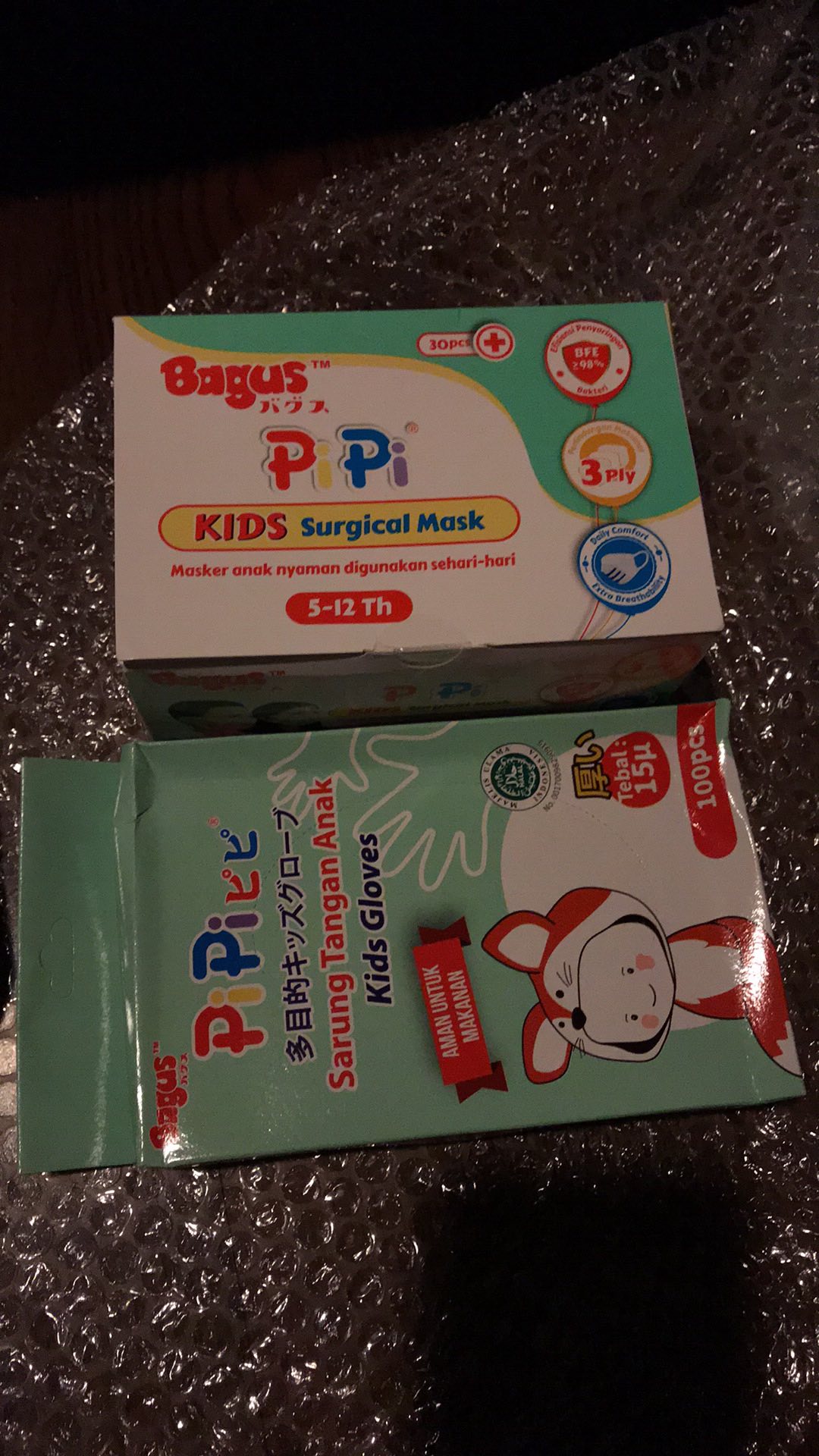 Bagus Pipi Sarung Tangan Plastik & Surgical Masker Anak Bundle -15 Mikron