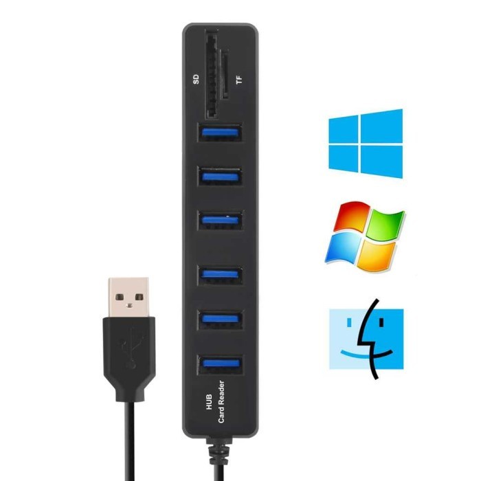 USB Hub 6 Port Combo 2 in 1 Card Reader SD/TF Card - Hitam