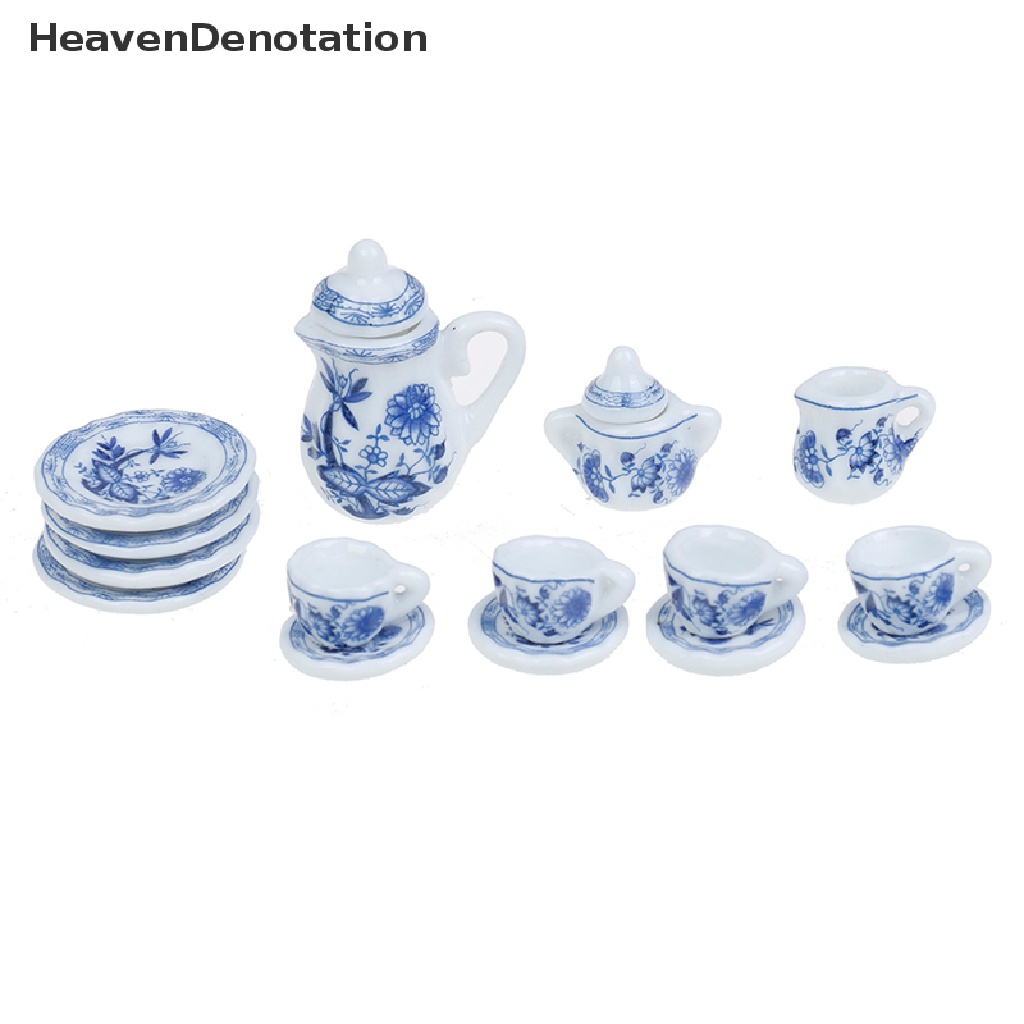 (Heavendenotation) 15pcs Miniatur Cangkir Teh / Kopi Porselen Motif Bunga Biru Skala 1: 12 Untuk Rumah Boneka