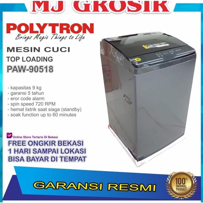 Mesin Cuci 1 Tabung Polytron Paw 90518 Top Loading 9 Kg Zeromatic Terbau