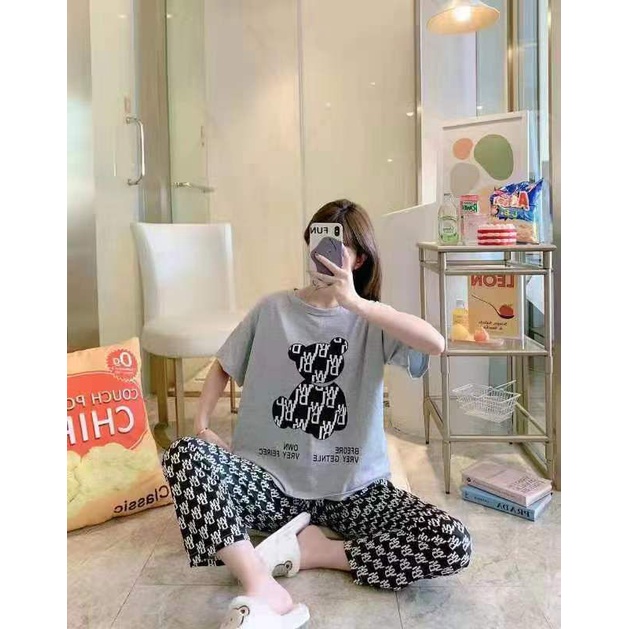 Baju Tidur Setelan Piyama Dior Beruang Abu