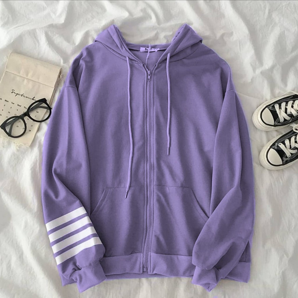 HOODIE ZIPPER WANITA STRIP HAND HOODIE FLEECE TEBAL PREMIUM