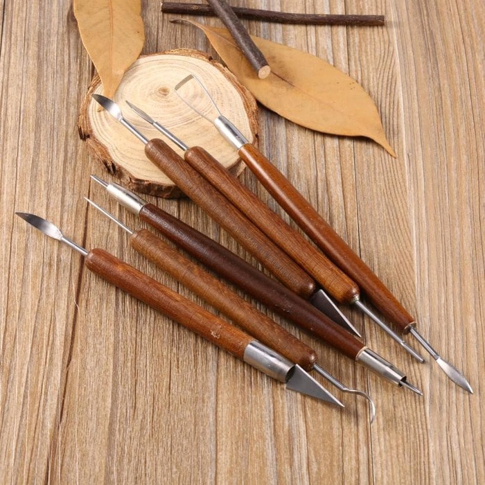 Alat Ukir Keramik/Clay/Lilin/Sculpture Gagang Kayu (6pcs, 12 fungsi)
